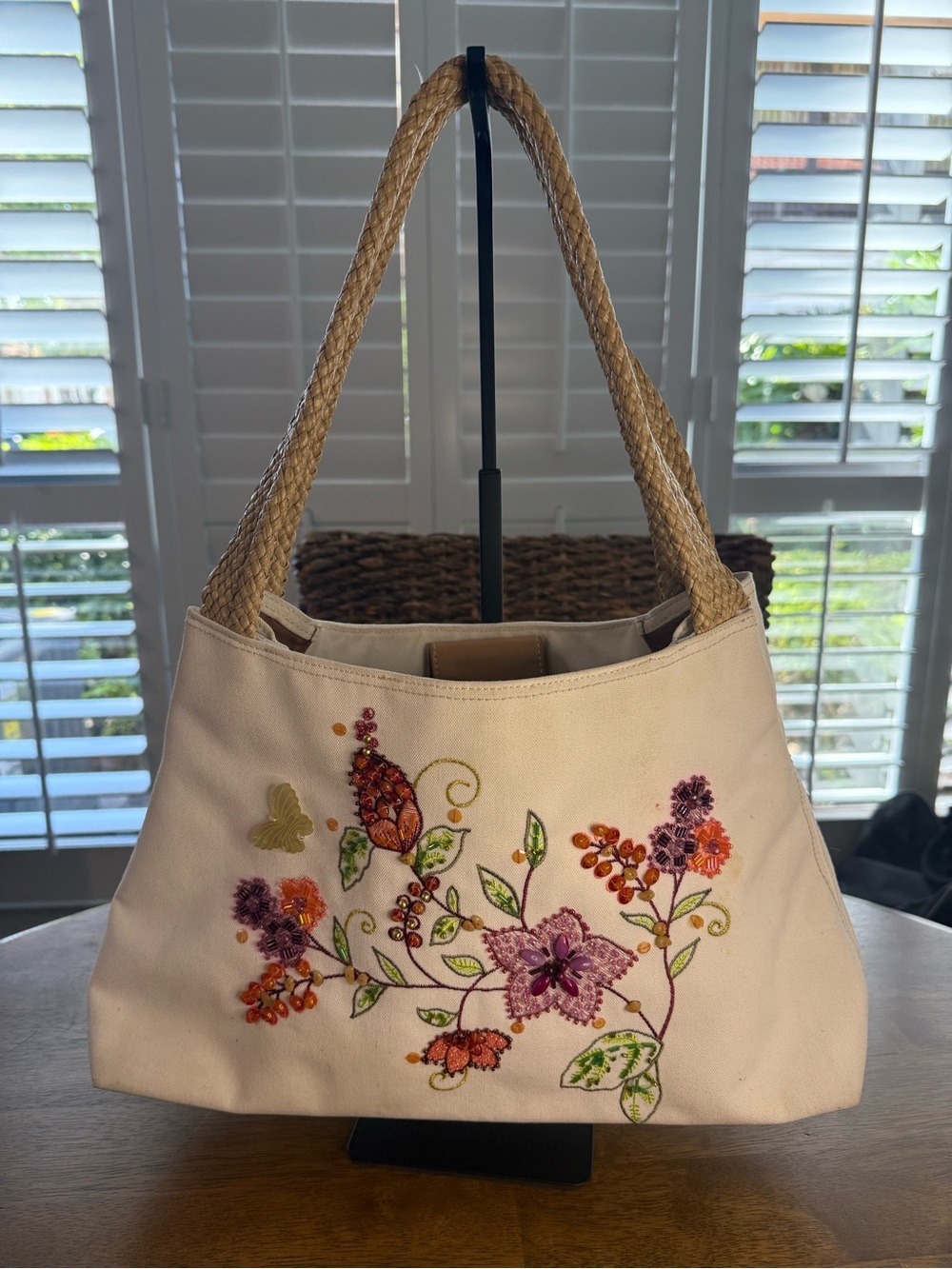Beaded Floral Canvas Shoulder Bag